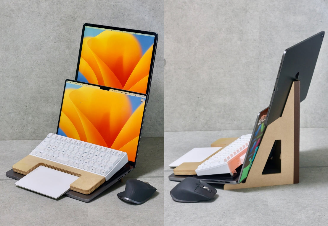 HHKB用タイピングベッド PW-HHC-2に加えてウイングバインダーを使いiPad＋M2 MacBook Pro 14インチの2画面構成